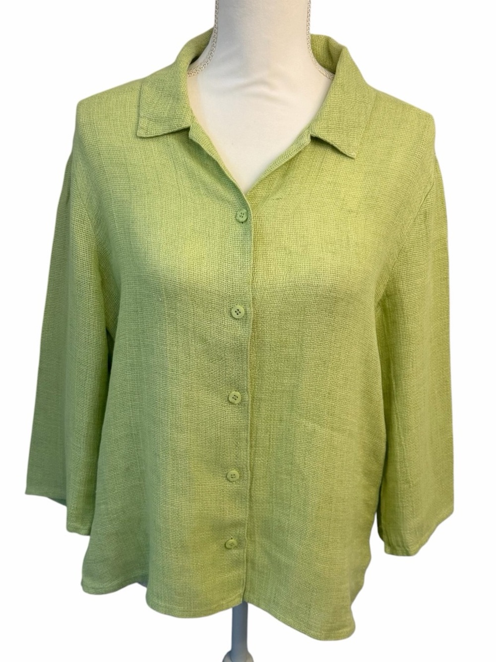 Eileen Fisher Top Linen Green Button Up 3/4 Length Sleeve Classic Preppy Sz Med